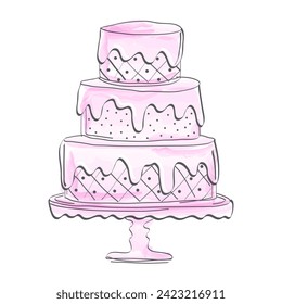 Pink Watercolor Cake Illustration in Sketch or Draft Style 