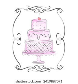 Pink Watercolor Cake Illustration in Victorian Sketch Style and Cherry on Top