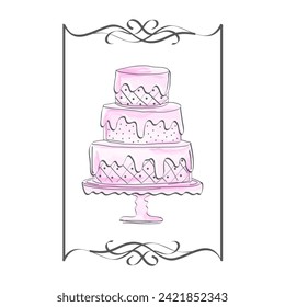 Pink Watercolor Cake Illustration in Victorian Sketch Style 