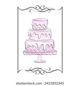 Pink Watercolor Cake Illustration in Victorian Sketch Style 