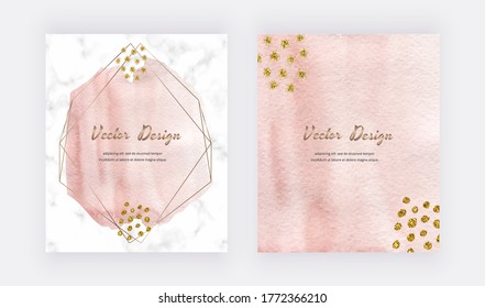 Pink watercolor cards with gold glitter texture, confetti and geometric polygonal lines frames. Modern abstract cover design.