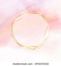 Pink watercolor cotton cloud background with golden frame. Pastel fantasy sky backdrop template for wedding invitation, greeting card, banner or flyer. Vector illustration of fluffy candy clouds.