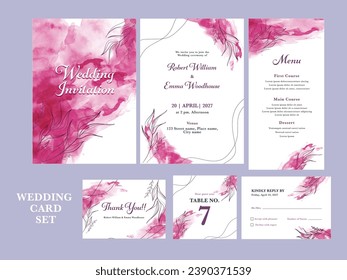 Pink Watercolor Effect Wedding Invitation, Menu Detail, Thank You, Table Number and RSVP Card.