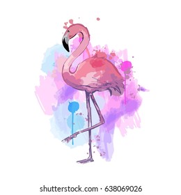 Pink watercolor flamingo. Beautiful vector illustration isolated on white background.