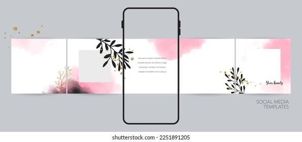 Pink watercolor floral social media post backgrounds for beauty content, cosmetic, makeup, fashion, jewelry.