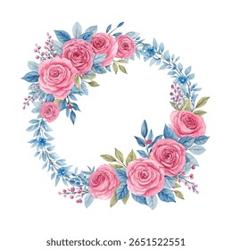 Pink watercolor floral wreath with green leaves in elegant circular composition perfect for romantic wedding invitations, greeting cards and botanical design projects