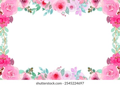 Pink watercolor flowers background for design. Floral border frame card template.