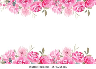 Pink watercolor flowers background for design. Floral border frame card template.