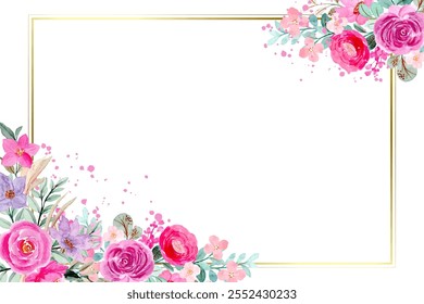Pink watercolor flowers background for design. Floral border gold frame card template.
