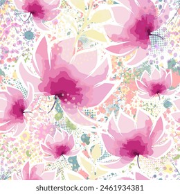 Pink watercolor flowers and and blots seamless pattern. hand drawing. Not AI, Vector illustration.