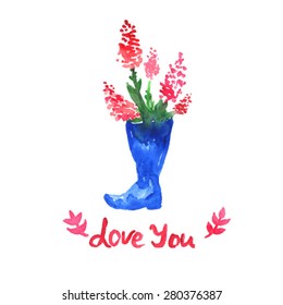 pink watercolor flowers in boot. watercolor Lavender. sweet watercolor illustration. Love you text. watercolor bouquet 