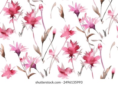 pink watercolor flowers delicate airy transparent seamless pattern