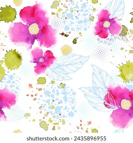 Pink watercolor flowers and green blots seamless pattern. hand drawing. Not AI, Vector illustration