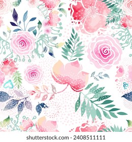 Pink watercolor flowers and green leaves seamless pattern. hand drawing. Not AI, Vector illustration