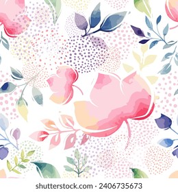 Pink watercolor flowers seamless pattern. hand drawing. Not AI, Vector illustration