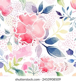 Pink watercolor flowers seamless pattern. hand drawing. Not AI, Vector illustration