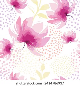 Pink watercolor flowers seamless pattern. Vector illustration