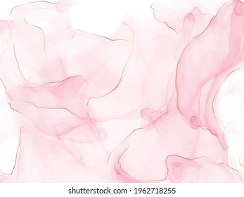 Pink watercolor fluid painting vector design card. Dusty rose and golden marble geode frame. Spring wedding invitation. Pink alcohol ink. Dye splash style. Vector illustration