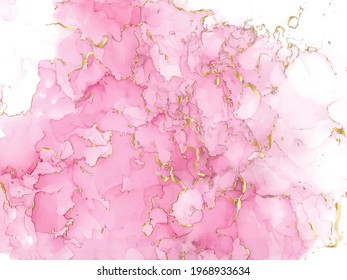 Pink watercolor fluid painting vector design card. Dusty rose and golden marble geode frame. Spring wedding invitation. Pink alcohol ink. Dye splash style. Vector illustration