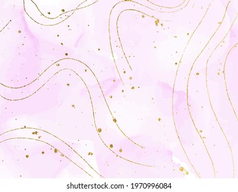 Pink watercolor fluid painting vector design card. Dusty rose and golden marble geode frame. Spring wedding invitation. Pink alcohol ink. Dye splash style. Vector illustration