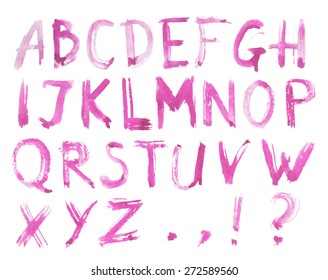 Pink watercolor hand drawn alphabet. Isolated grunge vector script