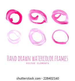 Pink watercolor hand drawn circle frames set with light and bright deep colors. Vector illustration.
