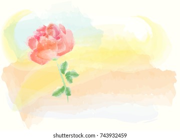 Pink watercolor hand drawn rose beside the surface on colorful delicate background with space for text.