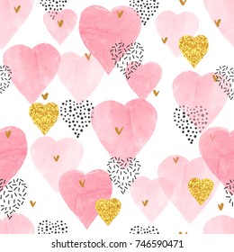 Pink watercolor hearts pattern. Valentines Day seamless background.