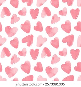 Pink watercolor hearts seamless repeating vector template. Artistic watercolor spots textured doodle heart shape. Hand brush drawn cute doodle, endless chaotic background, template. 