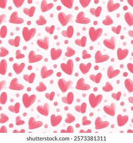 Pink watercolor hearts seamless repeating vector template. Artistic watercolor spots textured doodle heart shape. Hand brush drawn cute doodle, endless chaotic background, template. 