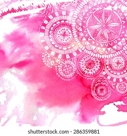 Pink watercolor paint background with white hand drawn round doodles and mandalas. Vector design of backdrop.