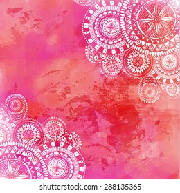 Pink watercolor paint background with white hand drawn round doodles and mandalas. Vector design of backdrop.