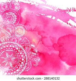 Pink watercolor paint background with white hand drawn round doodles and mandalas. Vector design of backdrop.