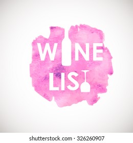 Pink watercolor painted  banner with a bright spot and Wine List text. Artistic vector graphic