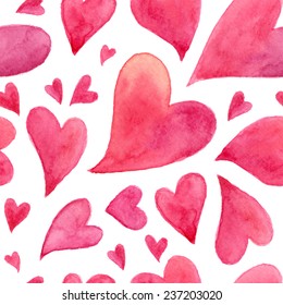 Pink watercolor painted hearts vector seamless pattern