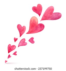 Pink watercolor painted vector flying hearts