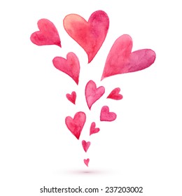 Pink watercolor painted vector flying hearts spring