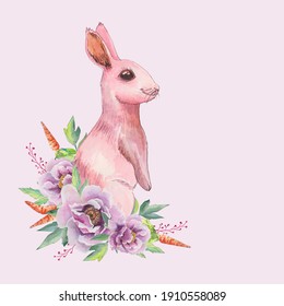 Pink watercolor peonies and a bunny with a carrot