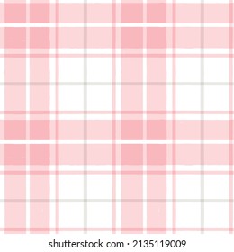 Pink Watercolor Plaid Pattern. Stripes, Girly Gingham Seamless Tartan Texture, Spring Picnic Table Cloth, Plaid. Vector Checkered Summer Paint Brush Strokes.