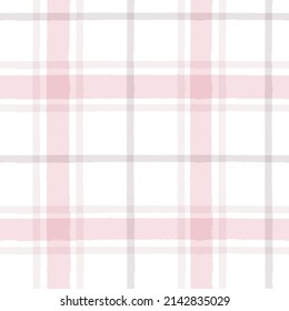 Pink watercolor plaid pattern. stripes, girly gingham seamless tartan texture, spring picnic table cloth, plaid. vector checkered summer paint brush strokes.