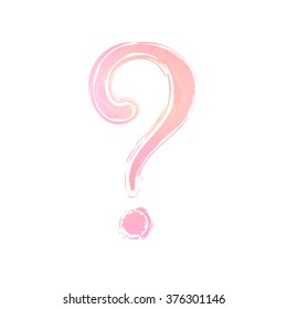 Pink watercolor question mark sign (icon, symbol), white background. Painted design element (illustration).