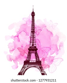 Pink watercolor romantic Valentine background with Eiffel Tower and butterfly. Vector illustration. 