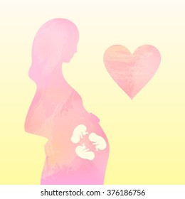 Pink watercolor silhouette of pregnant woman and a heart. Yellow background. Multiple pregnancy. Triplets (embryos). Illustration for web or typography (magazine, brochure, flyer, poster)