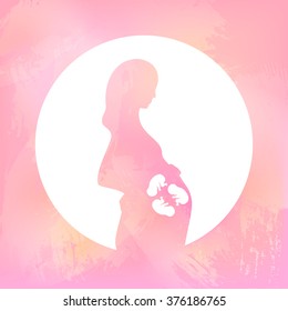 Pink Watercolor Silhouette Of Pregnant Woman In A White Circle. Multiple Pregnancy. Triplets (embryos). Illustration For Web Or Typography (magazine, Brochure, Flyer, Poster), Colorful.