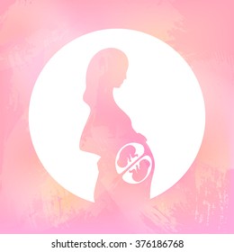 Pink watercolor silhouette of pregnant woman in a white circle. Multiple pregnancy. Dizygotic twins (embryos). Illustration for web or typography (magazine, brochure, flyer, poster), colorful.