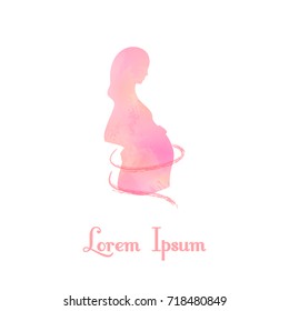 Pink watercolor silhouette of pregnant woman. Expecting mother. Infographics advertising banner poster menu template. White background. Vector illustration.