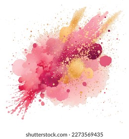 Pink watercolor splash blot splatter stain with gold glitters. Bright watercolor brush strokes. Beautiful trendy textured hand drawn vector illustration. Isolated modern design on white background.