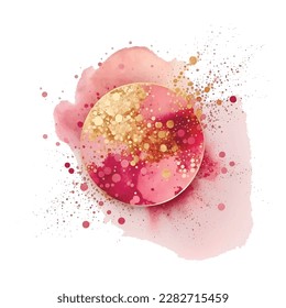 Pink watercolor splash blot splatter stain round pattern. Gold glitters. Rose pink watercolor brush stroke, circle. Beautiful trendy textured hand drawn vector illustration.  Isolated design on white.