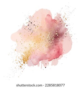 Pink watercolor splash blot splatter stain pattern. Gold glitters. Rose pink watercolor brush stroke, blot. Beautiful trendy textured hand drawn vector illustration.  Isolated design on white. Element