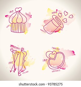 Pink watercolor st. valentine's doodle icons elements